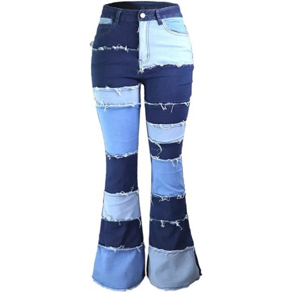 Women's Slim High Waisted Patched Hippie Wide Leg Denim Flared Bell Denim Pants